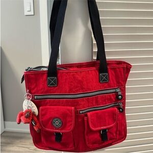 Kipling Red Nylon Shoulder Bag with Black Straps and Monkey Charm